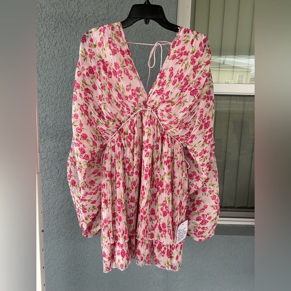 ASOS Floral Long Balloon Sleeves Pleated Whimsical Mini Dress Size 4 V-neck